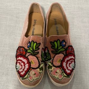Pink velvet slip-ons